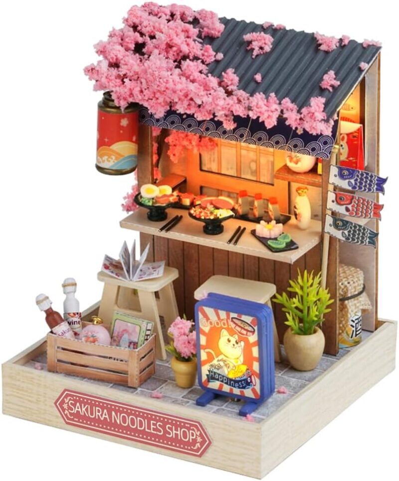 DIY Miniature Dollhouse Kit with Furniture, 1:24 Scale Creative Room Mini Wooden Doll House Plus Dust Proof for Kids Teens Adults(Sakura Noodles Shop)