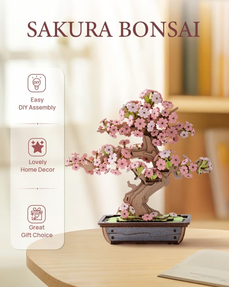 3D Wooden Puzzle  for Adults, DIY Sakura Bonsai Tree Plants for Home Table Decor, Creative Cherry Blossom Crafts Birthday Model Building Kits Toys - Image 2