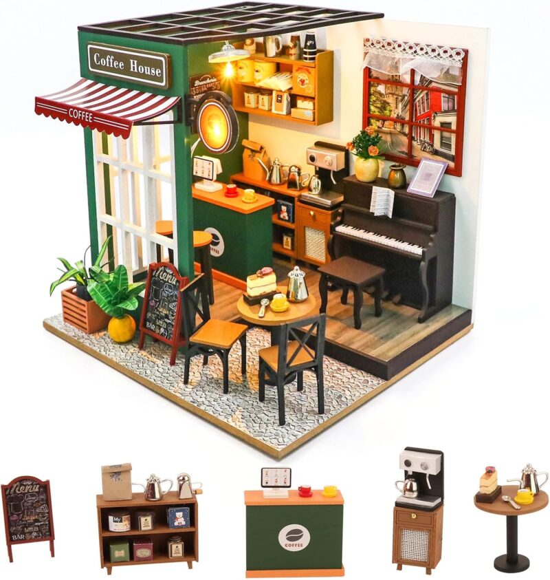 DIY Miniature House Kit,Tiny House Coffee Shop with Furniture & LED,DIY Dollhouse Miniature Kit for Adults Teen,Mini House Building kit,3D Wooden Craft Mini Model Kit,Birthday Gifts Home Decor