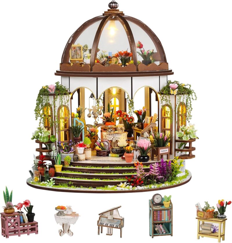 DIY Miniature House Kits,Tiny House with Furniture & LED,DIY Dollhouse Miniature Kit for Adults Teen,Wooden Crafts Mini Model Kits,Birthday Home Decor (Magic Shop)